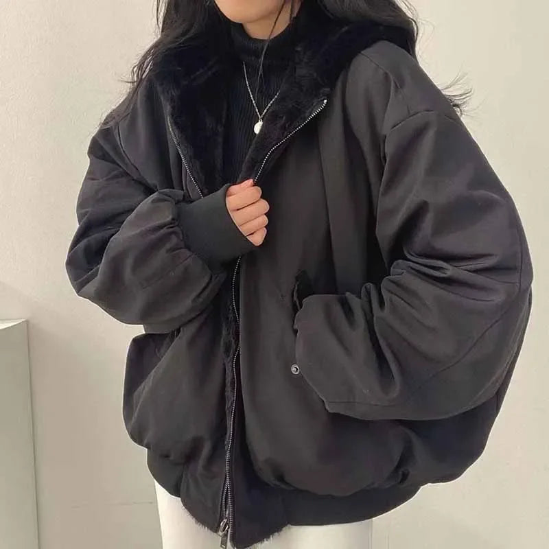 Smvp Winter Thicken Warm Parkas Women Fashion Double Sided Hooded Fleece Coat Ladies Korean Loose Long Sleeve Zip Up Jackets Dear Fancy