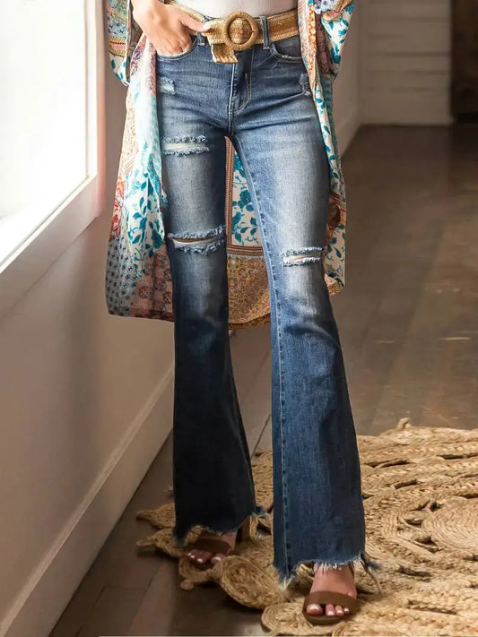 High Waist Ripped Flare Jeans with Raw Hem Design Dear Fancy