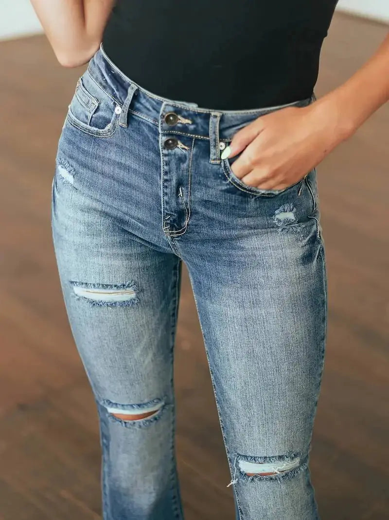 High Waist Ripped Flare Jeans with Raw Hem Design Dear Fancy