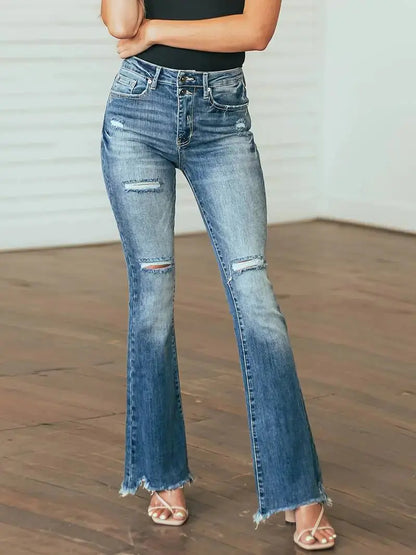 High Waist Ripped Flare Jeans with Raw Hem Design Dear Fancy