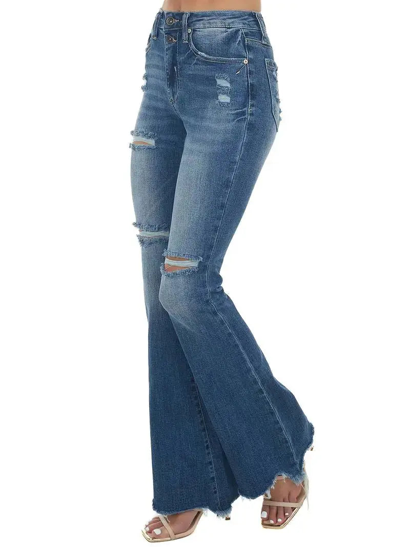 High Waist Ripped Flare Jeans with Raw Hem Design Dear Fancy