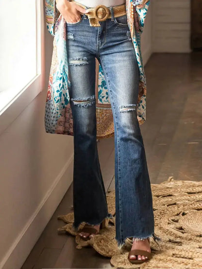 High Waist Ripped Flare Jeans with Raw Hem Design Dear Fancy