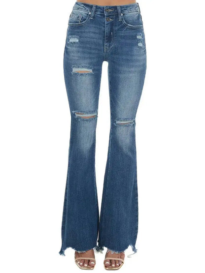 High Waist Ripped Flare Jeans with Raw Hem Design Dear Fancy
