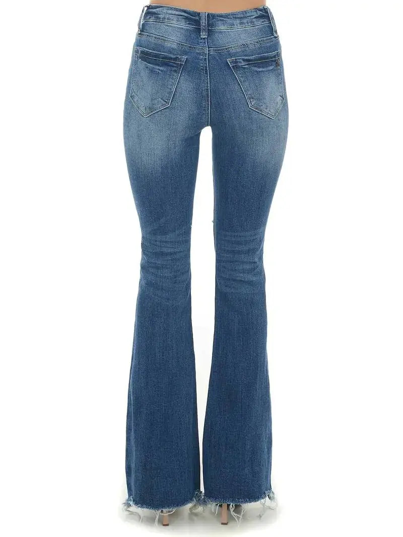 High Waist Ripped Flare Jeans with Raw Hem Design Dear Fancy