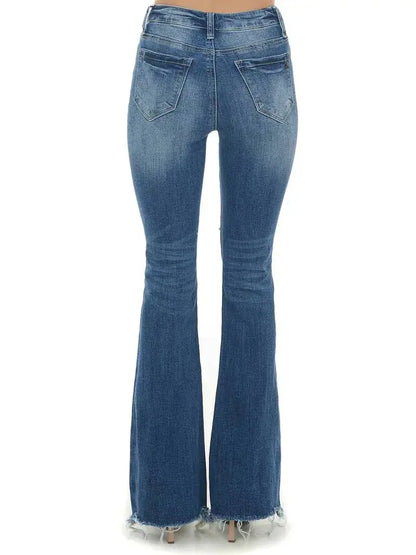 High Waist Ripped Flare Jeans with Raw Hem Design Dear Fancy