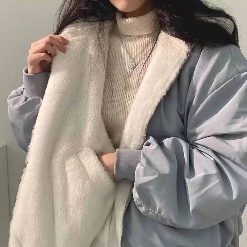 Smvp Winter Thicken Warm Parkas Women Fashion Double Sided Hooded Fleece Coat Ladies Korean Loose Long Sleeve Zip Up Jackets Dear Fancy