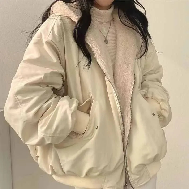 Smvp Winter Thicken Warm Parkas Women Fashion Double Sided Hooded Fleece Coat Ladies Korean Loose Long Sleeve Zip Up Jackets Dear Fancy