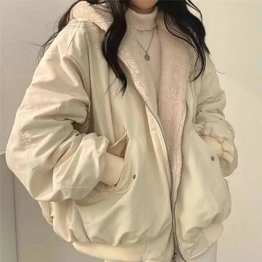 Smvp Winter Thicken Warm Parkas Women Fashion Double Sided Hooded Fleece Coat Ladies Korean Loose Long Sleeve Zip Up Jackets Dear Fancy