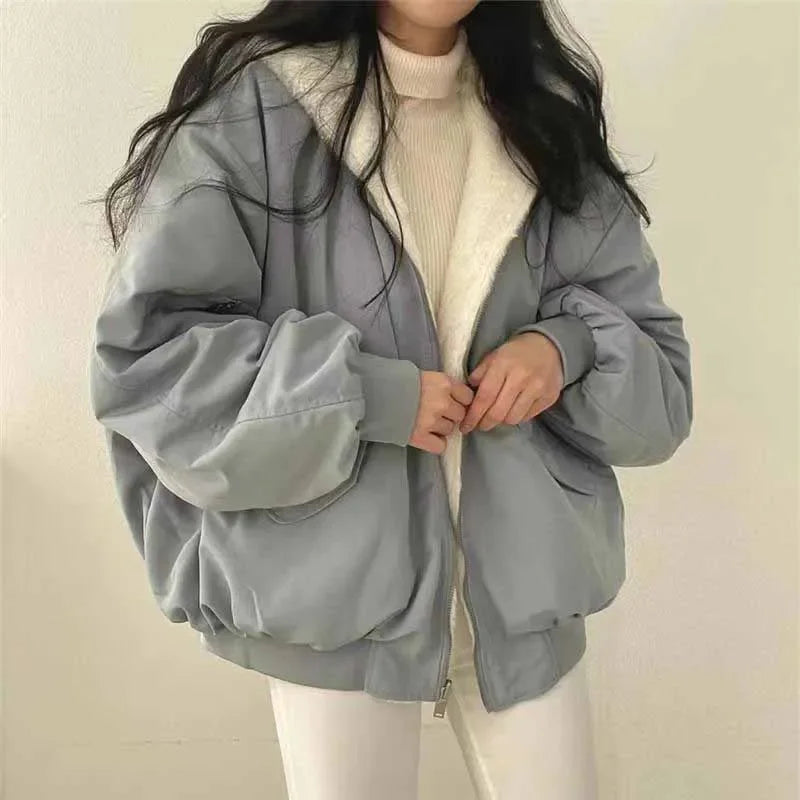 Smvp Winter Thicken Warm Parkas Women Fashion Double Sided Hooded Fleece Coat Ladies Korean Loose Long Sleeve Zip Up Jackets Dear Fancy