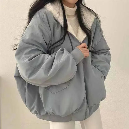 Smvp Winter Thicken Warm Parkas Women Fashion Double Sided Hooded Fleece Coat Ladies Korean Loose Long Sleeve Zip Up Jackets Dear Fancy