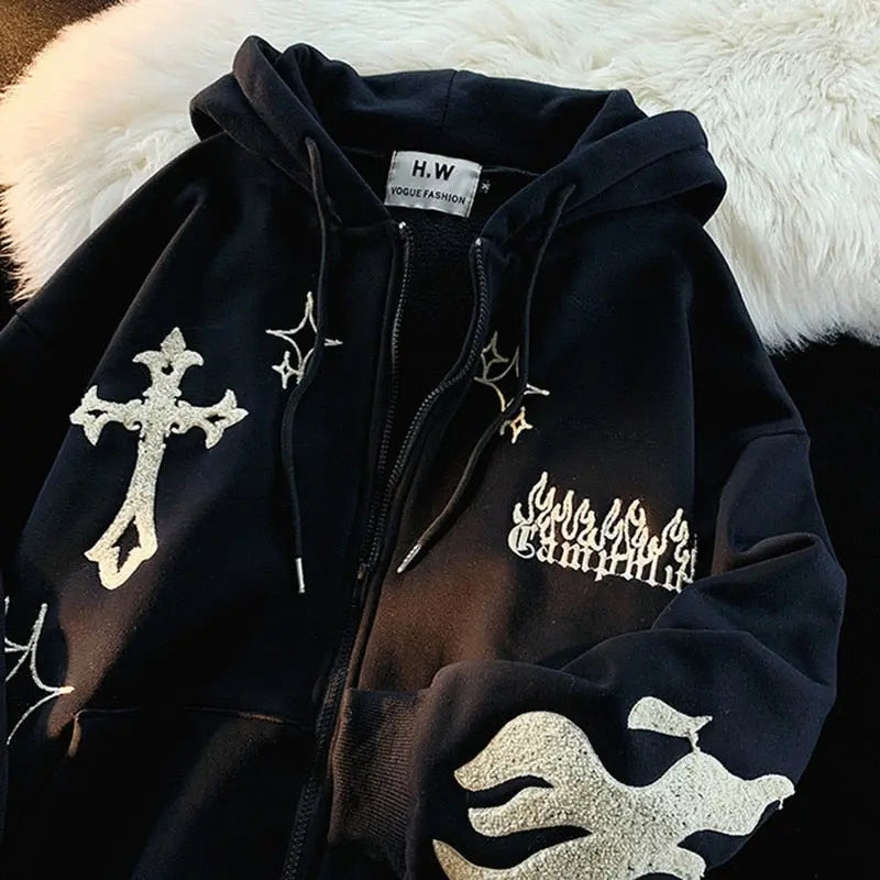 Women's Oversized Zip-Up Hoodies Gothic Hip Hop Streetwear Female Hoodies with Harajuku Embroidery Y2K Full Jacket Dear Fancy