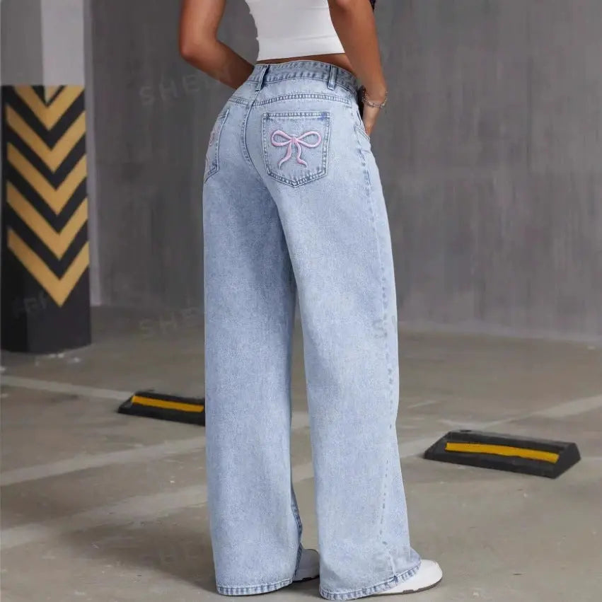 Women's Straight Loose Jeans with Bow Sewn Vintage Jeans Dear Fancy
