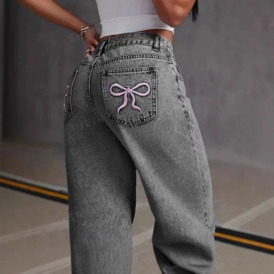 Women's Straight Loose Jeans with Bow Sewn Vintage Jeans Dropshipman