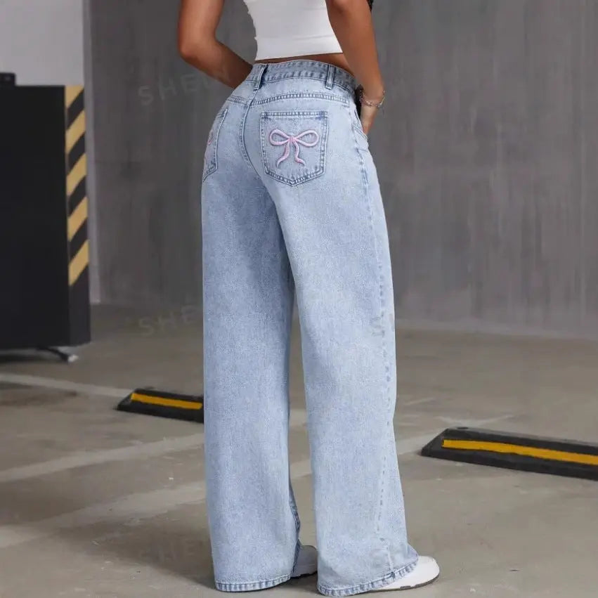 Women's Straight Loose Jeans with Bow Sewn Vintage Jeans Dropshipman
